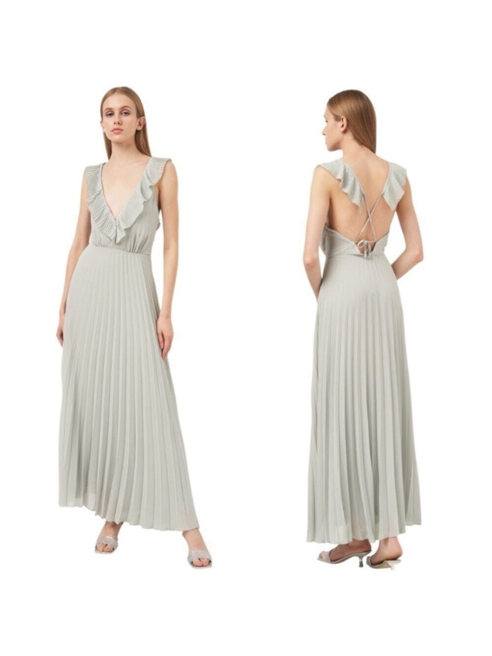 NWT H&M sage green open tie back ruffle accordion pleated maxi dress EU 36 US 4